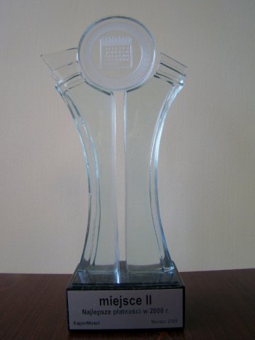 II miejsce za Płatności w 2008 roku
Drugie miejsce wśród Polskich Dystrybutorów ExxonMobil za Najlepsze płatności w 2008 roku.