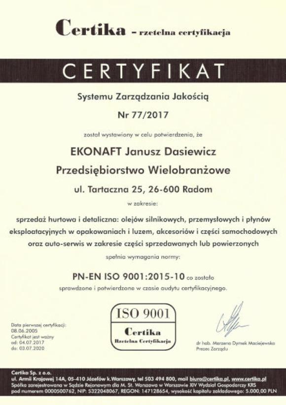 Certyfikat Systemu Zarządzania Jakością PL